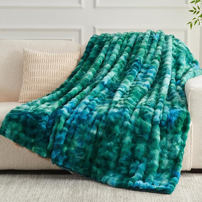 NEWCOSPLAY Faux Fur Bubble Throw Blanket for Couch, Tie-Dye Teal, 50"x60" | Fluffy Soft Thick Warm Bubble Blanket for Couch Sofa Bed 700GSM, Plush Cozy Luxury Decorative Throw, Gift for Women Men