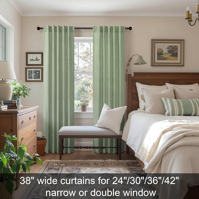 Sage Green Curtains 38 Inch Wide for Bedroom 2 Panels Back Tab Rod Pocket Lightweight Flowy Cotton Textured Semi Sheer Linen Light Green Curtains for Living Room Boho Farmhouse Decor Width 38x84 Long