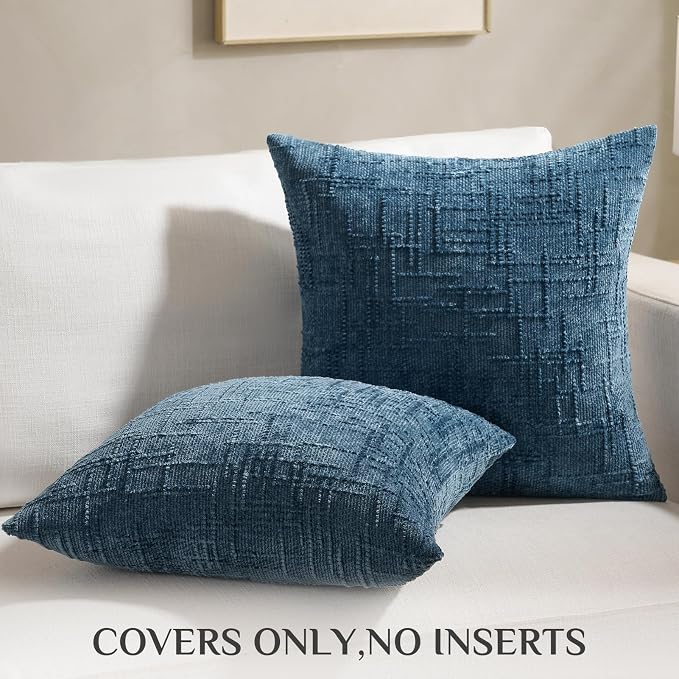 Softalker Navy Blue Throw Pillow Covers - Chenille 18 x 18 Inch Set of 2, Farmhouse Soft Textured Neutral Decorative Cushion Covers for Couch Sofa Bed Living Room, Modern Easter Home Decor Outdoor