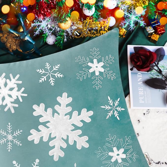 BRAWARM Christmas Pillow Cover 18 X 18 Inches, Teal Snowflake Embroidered Pillow Cover, Soft Velvet Decorative Throw Pillow for Couch Bed Sofa Living Room Home