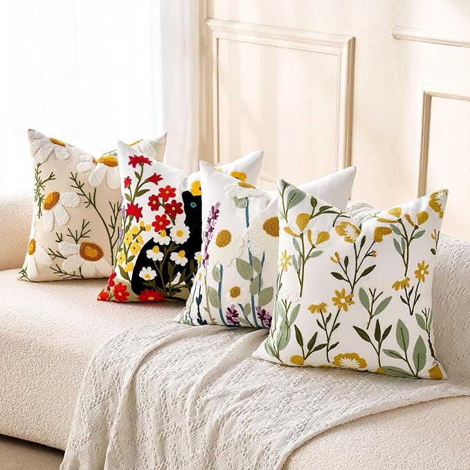 Embroidered Throw Pillow Covers Boho Farmhouse Daisy Tufted Pillow Covers Floral Decorative Couch PillowCases 20x20 Cottagecore Square Cushion Cover Set of 2 for Living Room Couch Sofa Bed Home Decor