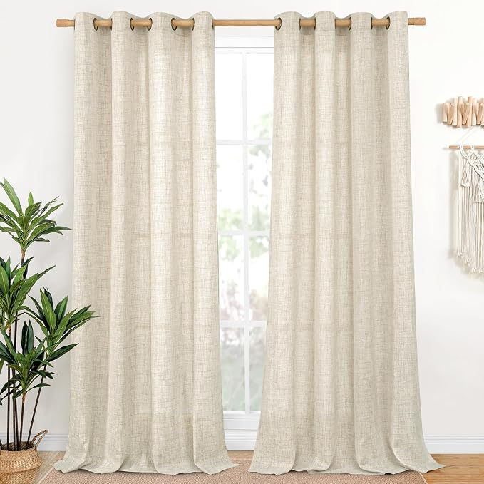 YoungsTex Linen Curtains 84 Inch Length for Living Room Window, Light Filtering Drapes Rustic Semi Sheer with Bronze Grommet Privacy for Bedroom Farmhouse Decorative, 60 x 84 Inch, 2 Panels