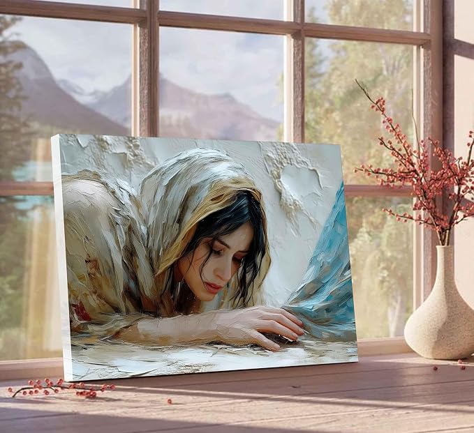 LCZDXGR Christian Wall Art Woman Touching Jesus Hem Canvas Framed 24x16in | Biblical healing miracle canvas with soft neutral tones for prayer room, bedroom, living room, church office, or faith gifts
