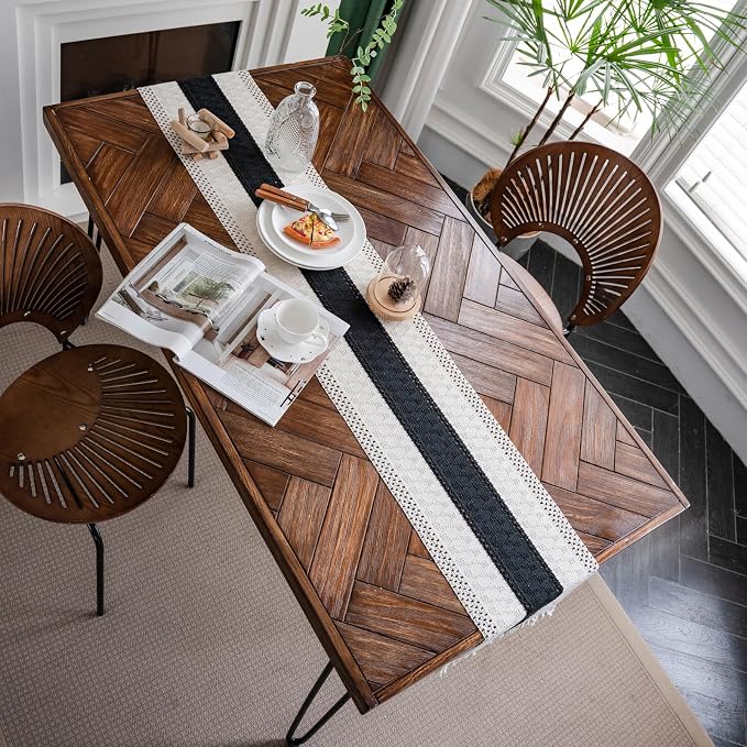Macrame Table Runner Beige and Black Boho Runners with Tassels 12x108in | Alynsehom Hand Woven Cotton Table Runner Rustic Farmhouse Table Runners for Bohemian Kitchen Dining Table