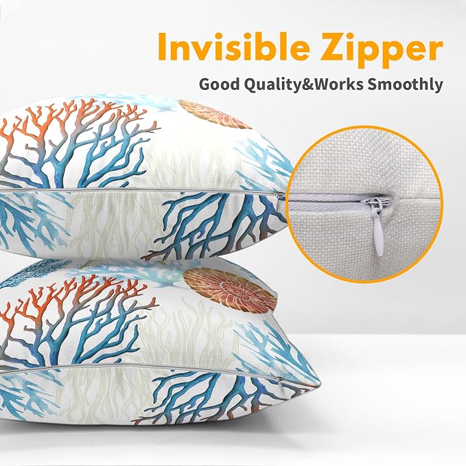 Kawani Coastal Pillow Covers 20x20 Inch Beach Theme Starfish Coral Seashell Outdoor Decorative Throw Pillows Set of 2 Nautical Ocean Blue Pillowcases for Couch Home Decor