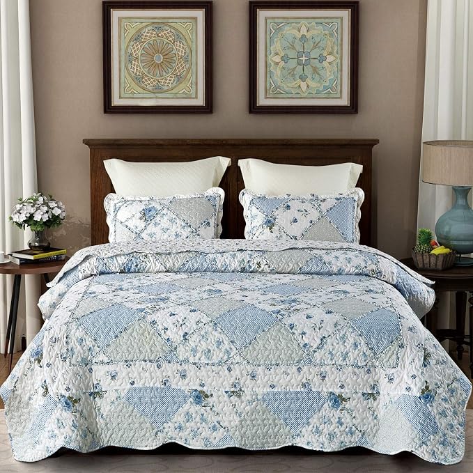 VIVILINEN Blue Floral Patchwork Quilt Set King Size Reversible Quilted Bedding Set with 2 Pillowcases | 3-Piece King Size Bedding Set Reversible Coverlet Lightweight Comforter Bed Sheet Set Cover Blanket with 2 Pillowcases