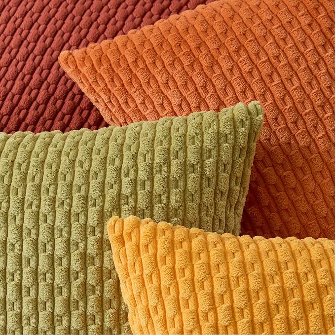Kevin Textile Spring Decorative Pillow Covers 18x18 Inch Set of 4 Soft Boho Corduroy Throw Pillow Cases Mix and Match Colors Plush Texture Pillows for Sofa Couch Bedroom Home Decor Cream Green/Orange