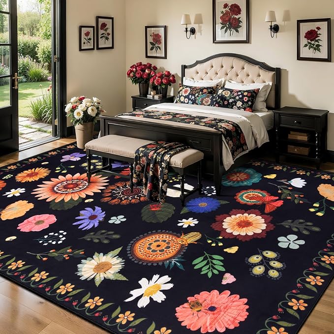 Ciicool Washable 8x10 Area Rugs for Living Room Floral Soft Large Carpet | Non-Slip Indoor Rug for Dining Room Bedroom Nursery Home Office Playroom Carpets Decor