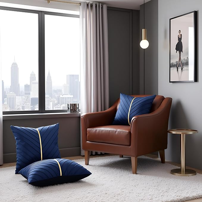 Velvet Throw Pillow Covers 24x24 Pack of 2 Gold Decor Navy Blue