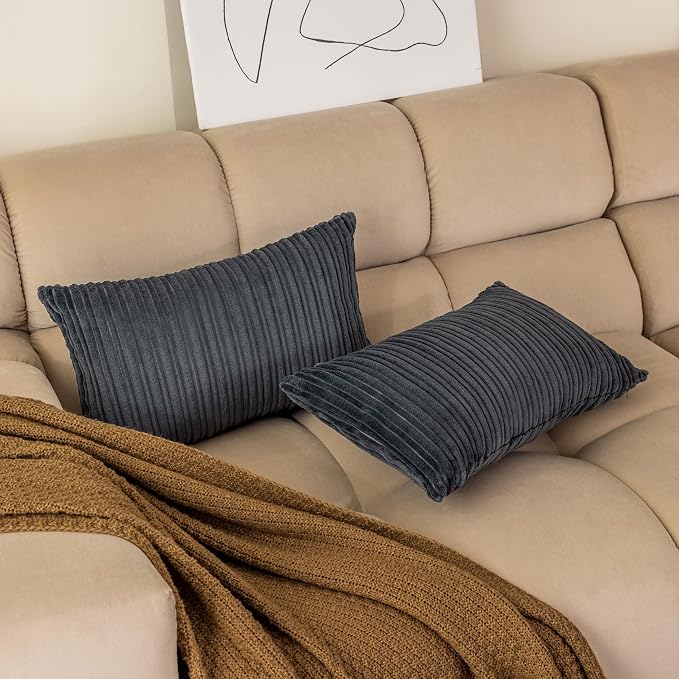 Kevin Textile Striped Corduroy 12”x20” Pillow Covers 2 Pack, Dark Grey