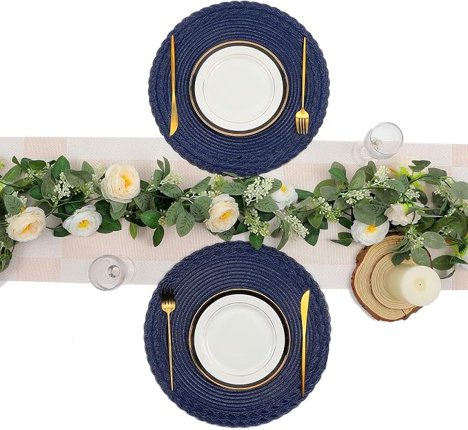 SHACOS Round Placemats Set of 6 Braided Border Fabric Woven Table Mats Washable 15 inch Circle Place Mats for Dining Table, Navy Blue