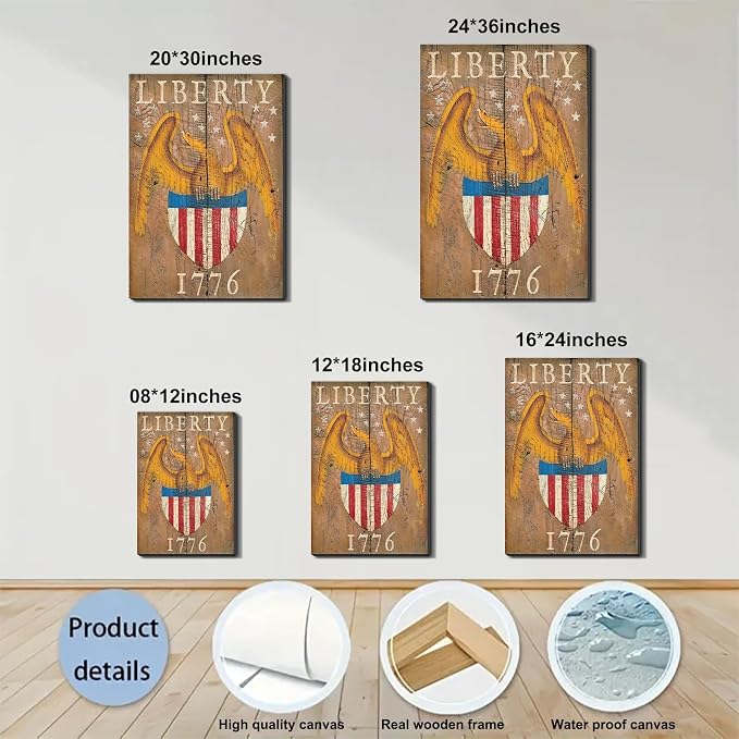 Framed Liberty 1776 Bald Eagle Wall Art, Patriotic Vintage Canvas Art Pictures, USA Flag Wall Decor, Made in USA Ready to Hang for Office Man Cave
