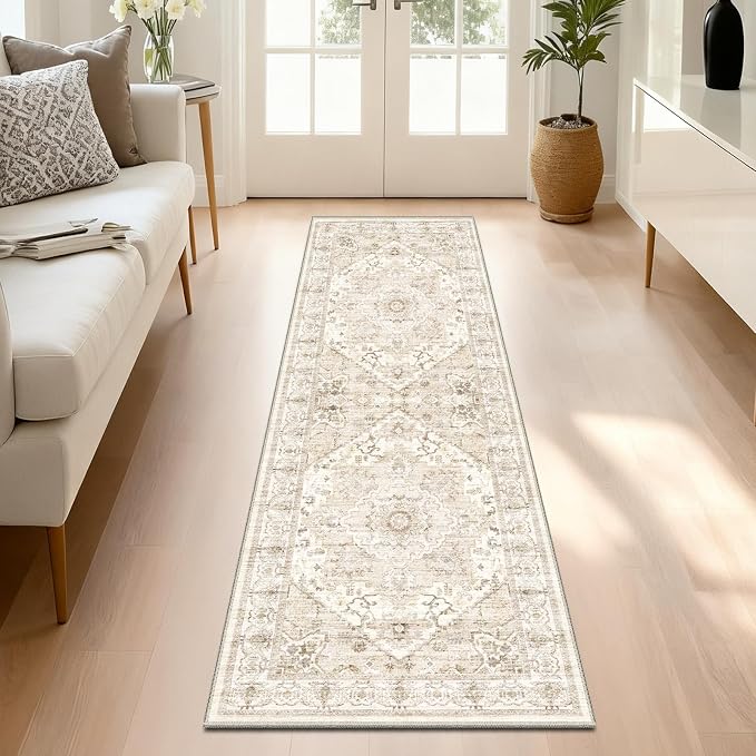 AooHHooA Boho Washable 2x6 Runner Rugs Non Slip Low Pile, Stain Resistant Vintage Soft Runners for Kitchen Hallway Laundry Entryway Bedroom,Beige