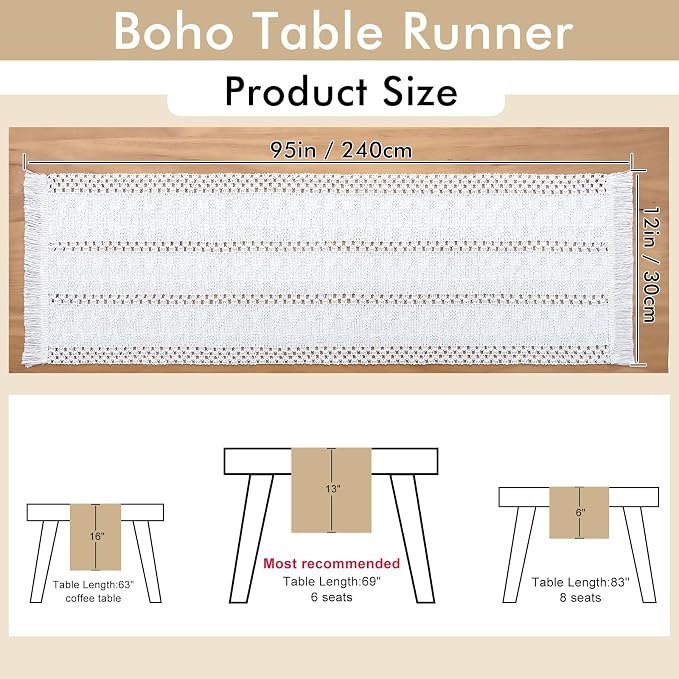 Macrame Table Runner Cream Beige Boho Table Runners with Tassels 12x95in | Alynsehom Hand Woven Cotton Table Runner Rustic Farmhouse Table Runners for Bohemian Kitchen Dining Table