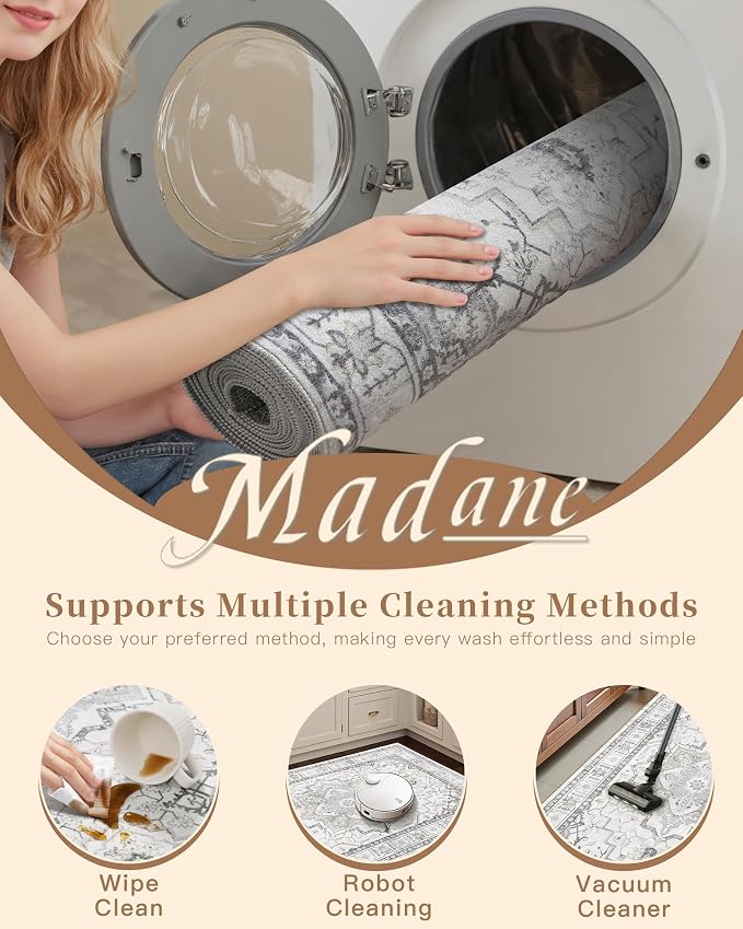 Madane Washable Area Rug 2x3 Small Entryway Rugs Non-Slip, Grey | Vintage Stain-Resistant Door Mat Indoor Entrance, Low Pile Floor Carpet for Inside Front Bedroom Kitchen Entry Laundry, Stair