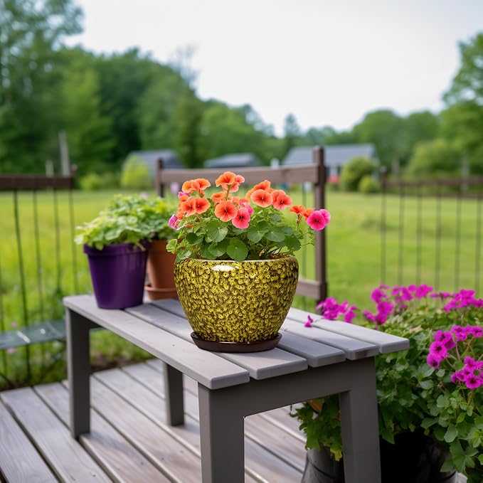 8 Inch Flower Pot, Ceramic Planters with Drainage, Yellow Leopard | Round Indoor Plant Pot with Saucer, Decorative Planter for Indoor Plants, Bathroom Decor, House Warming Gifts