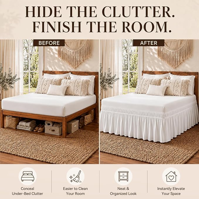 Vocander White Full Bed Skirt 16 Inch Drop, Elastic Wrap Dust Ruffle | Hides Underbed Storage, No Mattress Lifting, Elastic Stays Put, Soft Fabric, Machine Washable, Polished Look