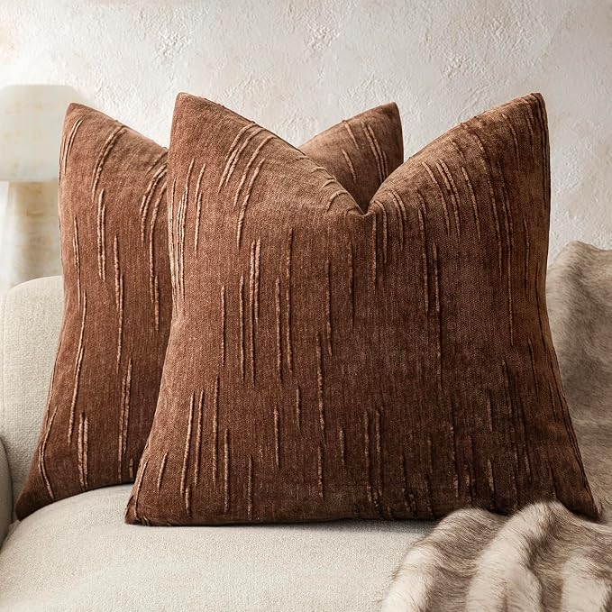 Foindtower Pack of 2 Slubby Textured Chenille Throw Decorative Pillow Covers Square Accent Solid Cushion Cover Cozy Soft Farmhouse Pillow Case for Couch Sofa Bedroom Living Room 22x22 Inch,Red Brown