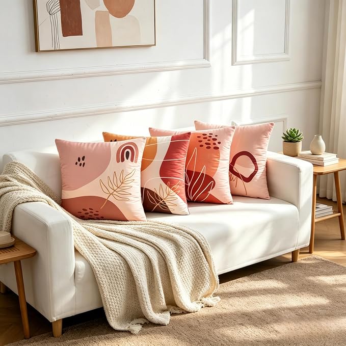 Boho Throw Pillow Covers 18x18 Set of 4 Terracotta Blush Minimalist Abstract Art Cushion Covers with Hidden Zipper, Soft Polyester Double Sided Print, Machine Washable, No Inserts