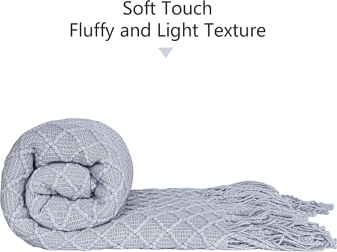 NTBAY Acrylic Knit Throw Blanket, 51 x 67, Light Grey Checkered | Lightweight Acrylic Wave-Knit Throw with 7 Inch Tassels for Sofa, Bed, Reading, Travel, and Decorative Layering