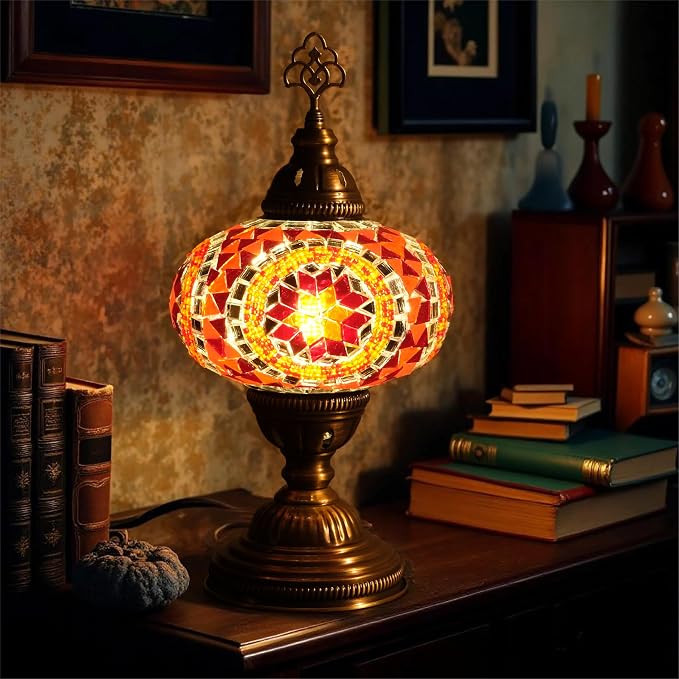 Turkish Mosaic Desk Lamp with Bulb – Orange Red Tiffany-Style Glass, Vintage Bohemian Bedside & Salon Decorative Light with E12 Socket & US Plug