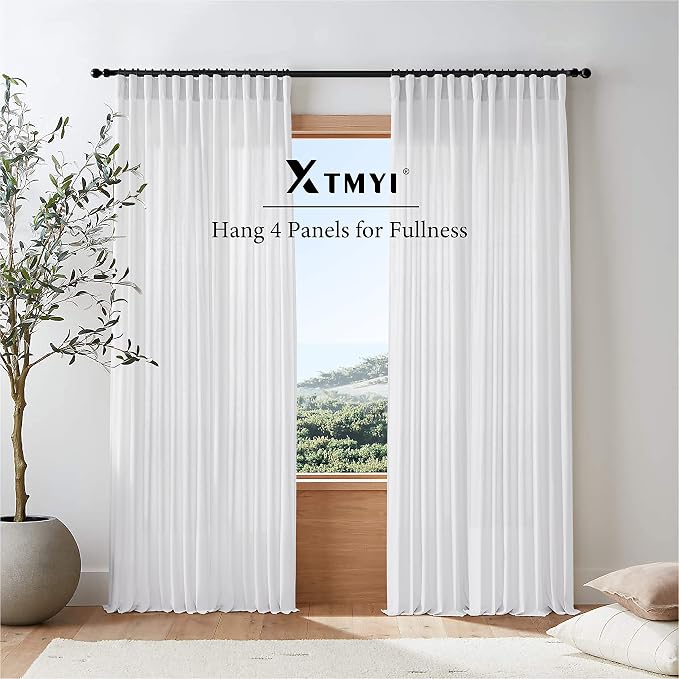 XTMYI 92 Inch Curtains Length 2 Panels Set,Back Tab Linen Sheer Window Curtains Living Room Bedroom,50x92 in Long,White
