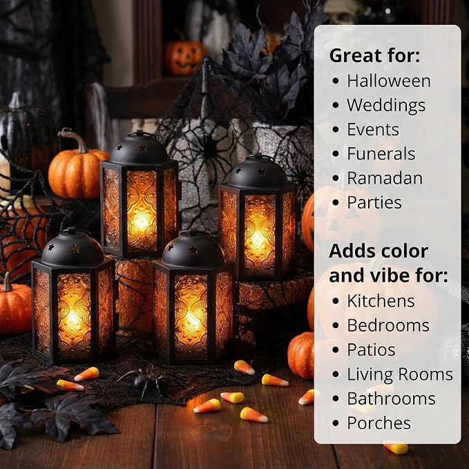 Mini Halloween Tea Light Candle Holder Centerpieces – 4.25" Small Decorative Moroccan Lantern for Table or Hanging, Metal with Glass Panels – Ramadan, Wedding, Home Decor, Amber Orange (Set of 4)
