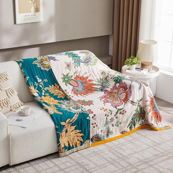 Boho Throw Blanket for Bed 100% Cotton Bohemian Blankets Ultra Soft Woven Muslin Decorative Blankets All Seasons Vintage Quilt Knitted Blanket for Sofa Chair(Beige, 80"x90")