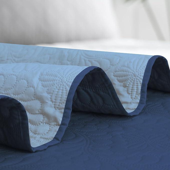 Easy-Going Reversible Quilt Set King, Bedspread with 2 Shams | Olive leaf-Dark Blue/Light Blue, Lightweight Microfiber Bed Comforter, 1 Quilt + 2 Pillow Shams, All-Season Coverlets