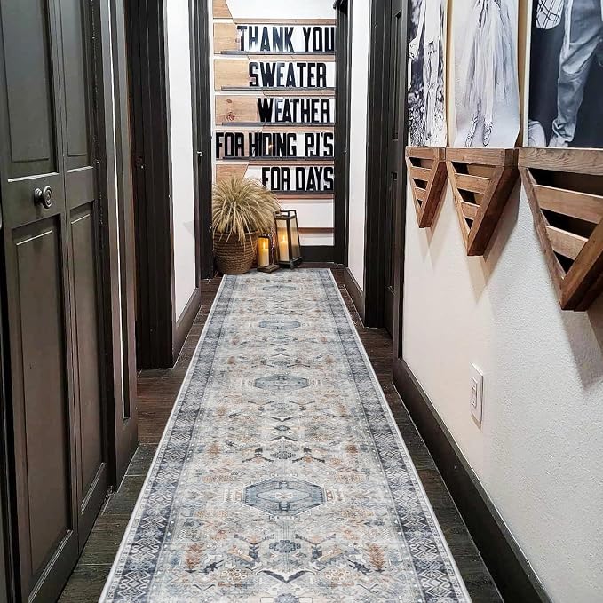 Washable Kitchen Runner Rug 2x10: Non-Slip Hallway Entryway Rugs Indoor Soft Low Pile Stain Resistant Carpet for Bedroom Laundry Ultra-Thin Vintage Home Decor Mat for Bathroom (Grey/Blue, 2 x 10)