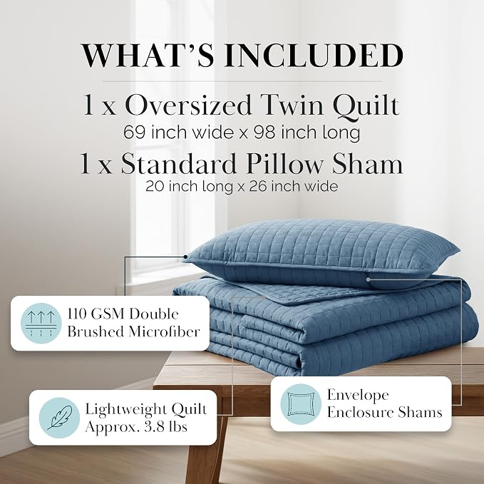 Southshore Fine Living, Inc. Twin Size Quilts, Microfiber Quilt, Lightweight Bedspread & Coverlet Sets, Pet Hair Resistant Bedding, XLTwin Quilt Coverlet with Pillow Sham, Coronet Blue Bedding