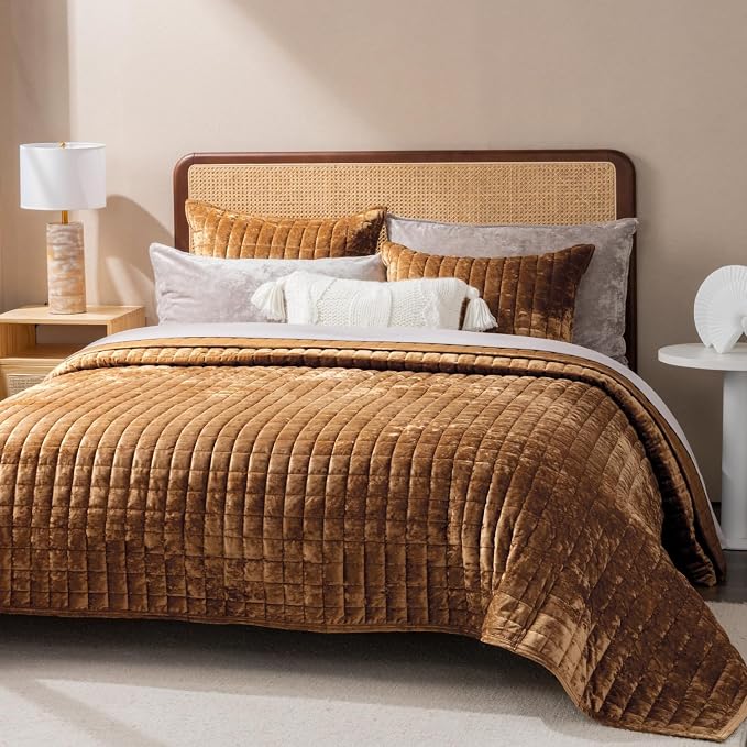 RECYCO Channel Box Stitch Velvet Quilt Set, King Size, Caramel Gold | Ultra Soft Lightweight Velvet Comforter, Luxury Oversized Bedspread Coverlet, Quilted Bedding Set for All Season with 2 Shams