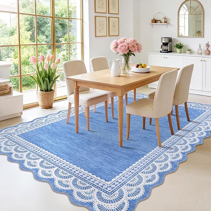 COZYLOOM 9x12 Scalloped Lace Border Area Rug for Bedroom, Large Living Room Rugs with Non Slip Backing, Modern Solid Stain Resistant Rugs Non Shedding Low Pile Mats for Bedroom, Dining Room, Blue