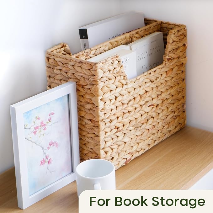Chi An Home Wicker Magazine Basket Water Hyacinth Handwoven Magazine Holder | Decorative Handwoven Magazine Rack Floor, Organizer for Files, Books, Newspapers, Documents For Office, Living Room, Bathroom