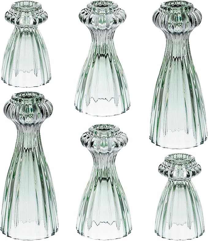Lysenn Glass Candlestick Holders, Taper Candle Holders Set of 6, Green