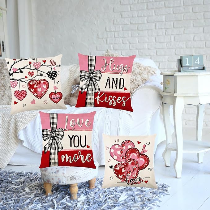 ONFAON Valentines Day Decorations-Valentines Pillow Covers 18x18 inch Set of 4 Valentine Stripes Wedding Cushion Case Decoration for Sofa Couch