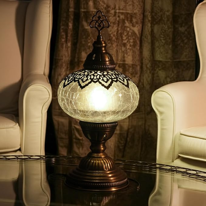 Cracked Clear Moroccan Mosaic Table Lamp – Handmade Turkish Glass, Light Bulb Included, Boho Chic Bedside & Living Room Accent