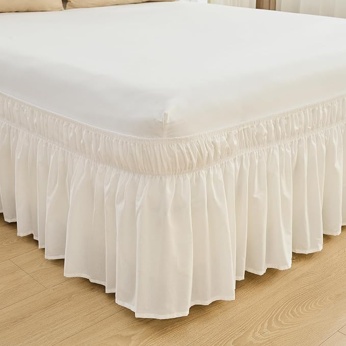 BISELINA Wrap Around Bed Skirts 17" Drop, Cotton Adjustable Elastic Dust Ruffles Easy Fit Wrinkle & Fade Resistant Soft Cozy Elegant Luxurious Bedding - White, Queen Size