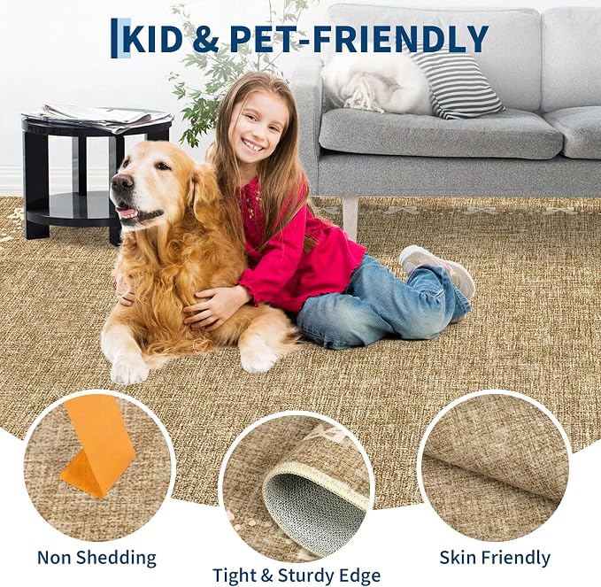 COZYLOOM Rugs for Living Room 5x7 Bow Border Area Rugs for Bedroom, Washable Area Rug with Non Slip Backing, Non Shedding Low Pile Modern Solid Color Carpet for Dining Room, Entryway, Kids Room, Brown