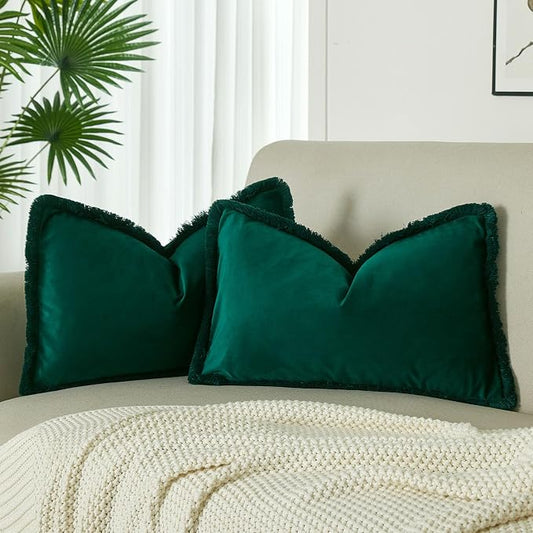 JUSPURBET Forest Green Lumbar Velvet Throw Pillow Covers 12x20 Inch Set of 2 with Soft Tassel Fringe Luxury Boho Pillowcase for Sofa Couch Bed Home Decor Machine Washable