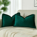 JUSPURBET Pack of 2 Forest Green Decorative Fringe Velvet Throw Pillow Covers 16x24 for Home Decor Living Room Bedroom Car Boho Soft Cushion Cover with Hidden Zipper Machine Washable