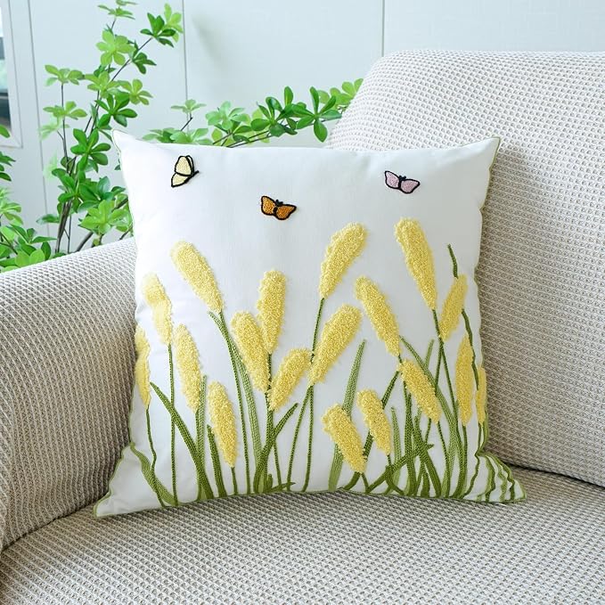 vctops Farmhouse Pampas Grass Cotton Tufted Throw Pillow Cover Boho Embroidery Pillowcase Soft Square Cushion Case for Sofa Couch Bed Chair (Yellow G,18"x18")