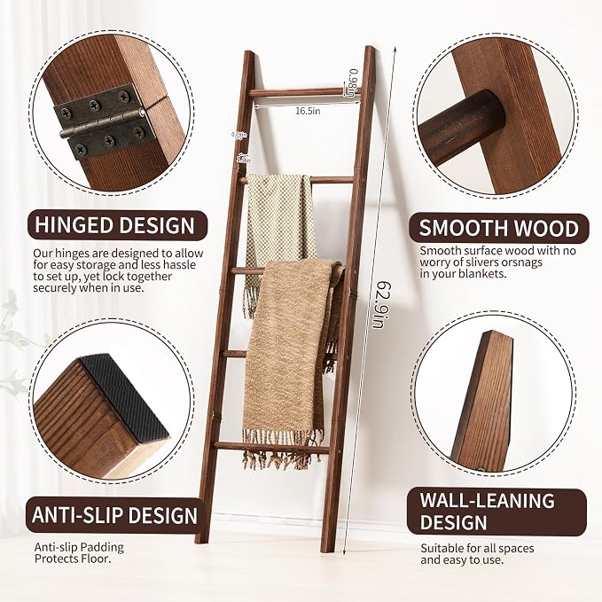 XLHOMO 5-Tier Wooden Blanket Ladder, 63" Rustic Leaning Blanket Rack for Living Room, Decorative Quilt and Towel Holder for Bedroom Bathroom Farmhouse Home Decor, Brown