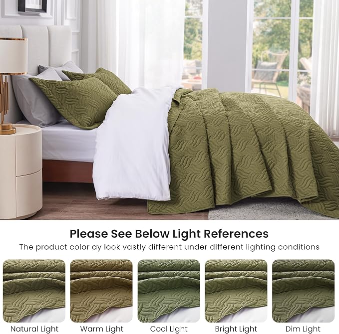 Love's cabin Quilts for Full Bed Olive Green Bedspreads Bedding Set - Lightweight Bedspread Comforter - Wave Pattern Bedding Coverlet for All Season - 3 Pieces (1 Quilt, 2 Pillow Shams)