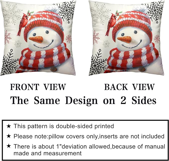 Snowman Pillow Covers 18x18 Set of 2 Christmas Winter Holiday Throw Pillow Covers Lovely Red Snowman with Cardinal Bird Snowflake Cushion Case for Living Room Bedroom Sofa