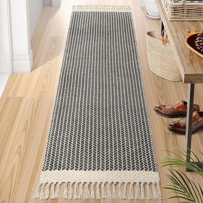 Lahome Boho Bathroom Runner Rug, 2x7 Washable Rugs for Hallway Kitchen | Woven Cotton Grey Bath Mats with Tassels, Farmhouse Decor Non Shedding Lightweight Carpet for Bedroom Laundry Room Entryway
