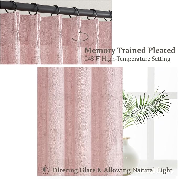 Baby Pink High Ceiling 102 Inches Long Curtains 2 Panels Set for Sliding Glass Door, Beautiful Pinch Pleated Linen Sheer Dining Room Curtain Privacy Light Filtering 100-102 Inch Large Window Drapes