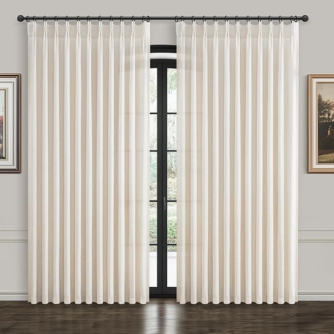 Extra Wide 70 Inch Memory Trained Pinch Pleated Curtains 92 Inches Long for Office, Birch Light Filtering Flax Linen Privacy Sheer Cottage Core Windows Curtain & Drapes 2 Panels Set Non See Through
