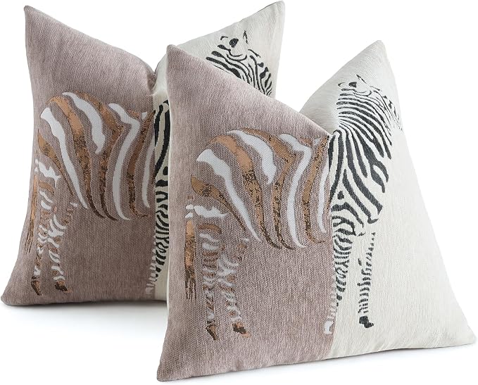 AmHoo Set of 2 Throw Pillow Covers Zebra Chenille Patchwork Decorative Pillows Cover Pillowcase for Sofa Couch Bed 18 x 18-Inch Nougat