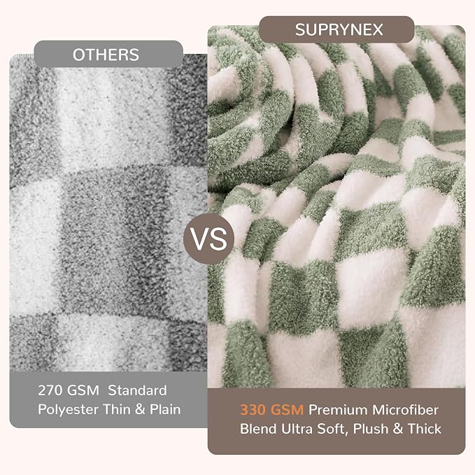 Sage Green Checkered Twin Size Blanket, Soft Plush Microfiber Fleece Blanket for Couch Sofa Bed, Cozy Decorative Home Blanket, All Season, 60x80 Inches